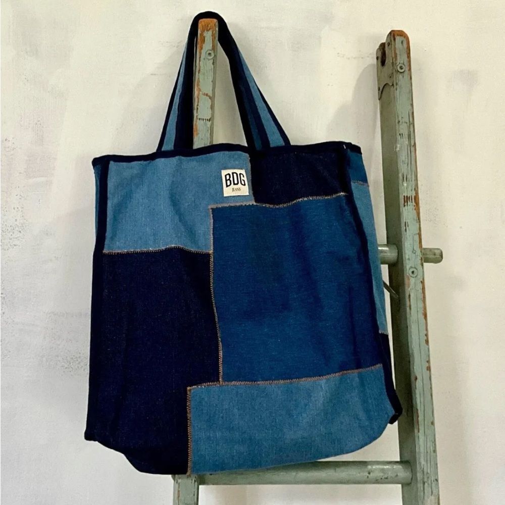 Urban Outfitters BDG Demin Patched Tote Back Reusable Washable Grocery Blue - Picture 3 of 4